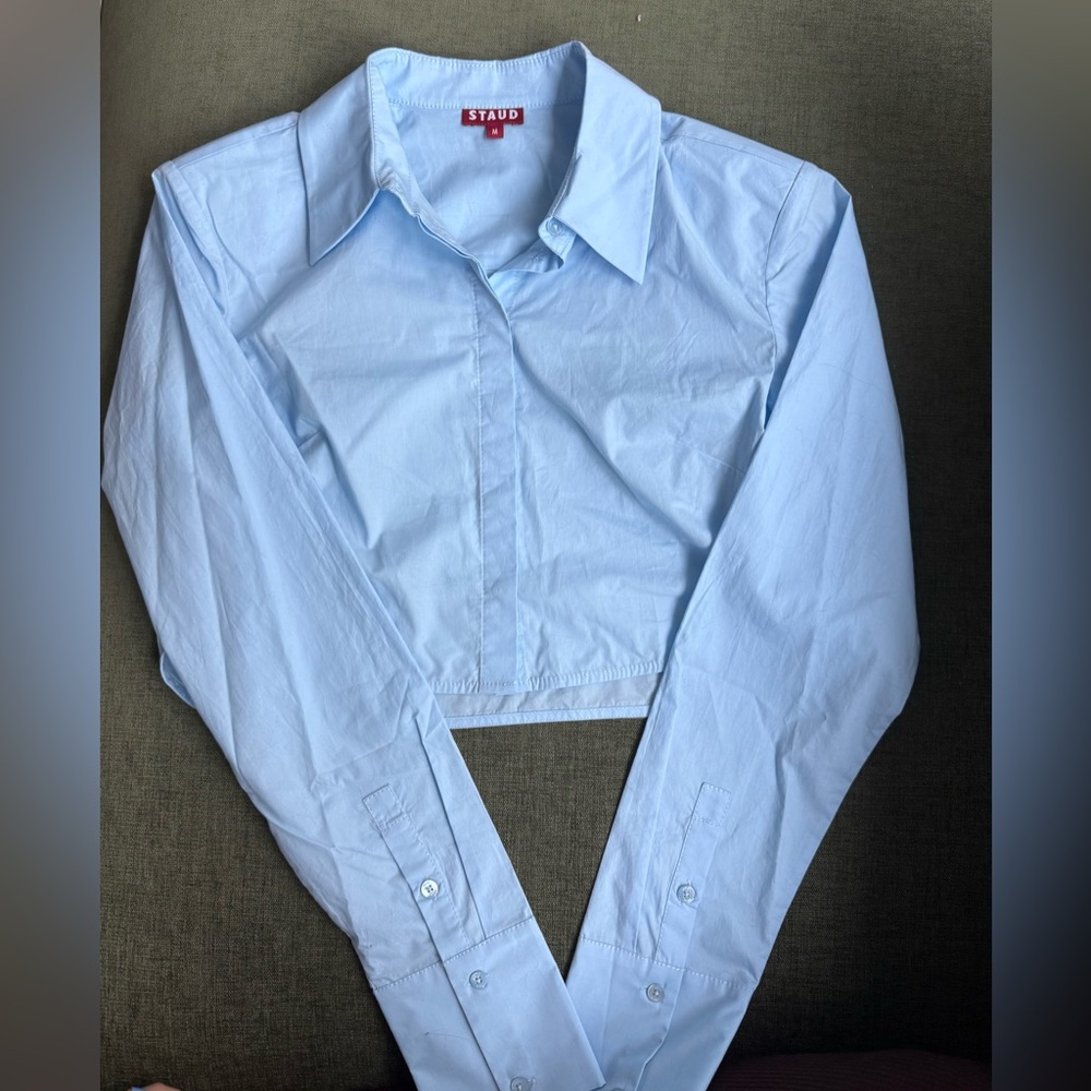 STAUD Seneca French Blue Boxy Cropped Long Sleeve Button Up Collared Top Medium